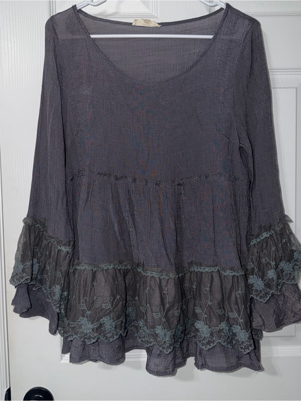Entro Sheer Lace Grey Long Sleeve Blouse Size S